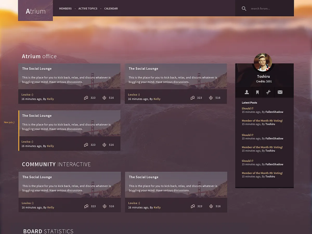 A forum theme with translucent panels over a sunset photo background