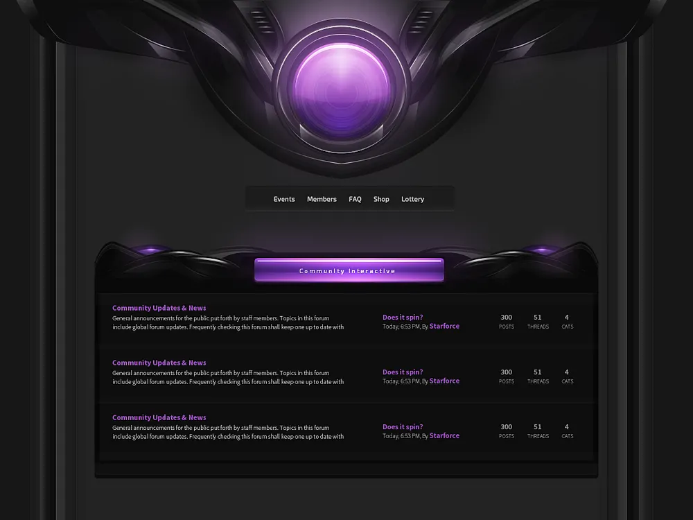 A dark forum theme built around a glossy purple orb