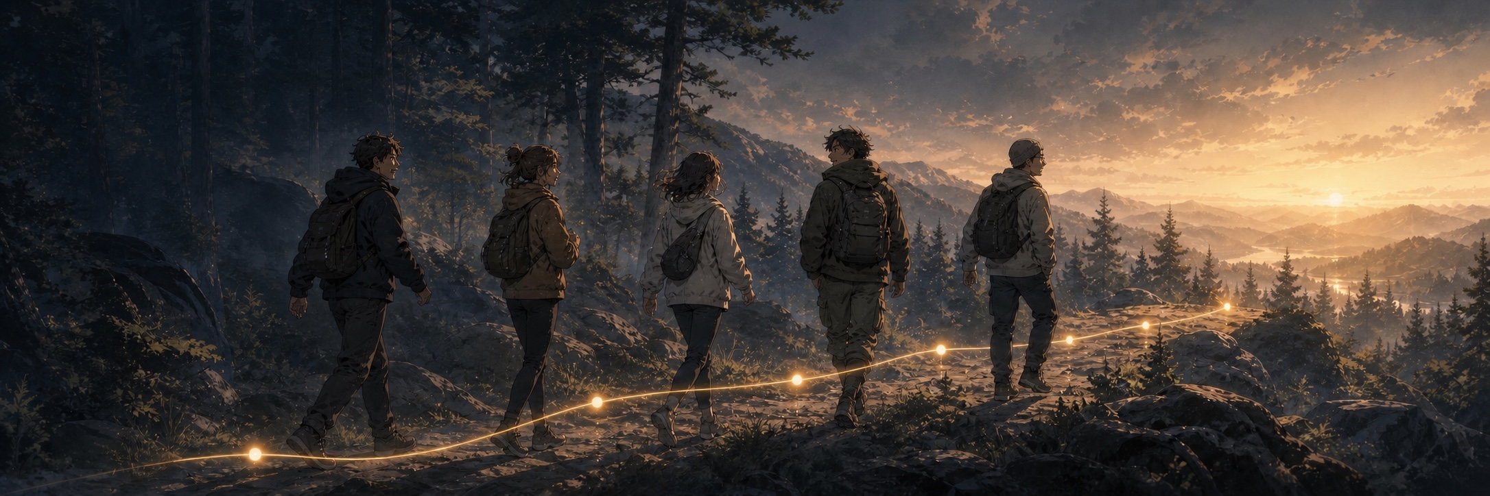 Five friends follow a glowing path along a forest ridge toward sunrise